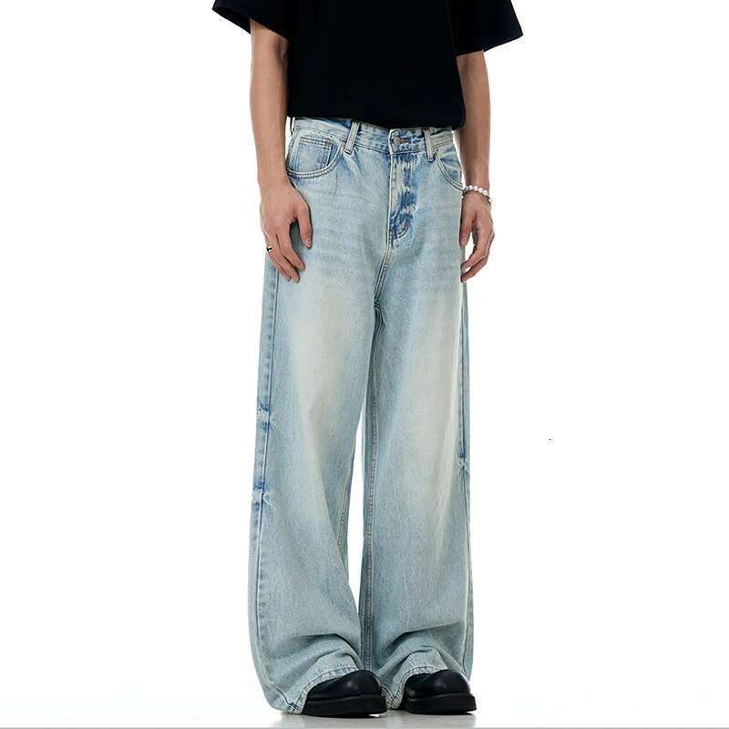 IEFB Wahsed Jeans Floor Length Menwear New Trendy American Light Blue Male Denim Pants Straight Leg Baggy Summer 9W3001