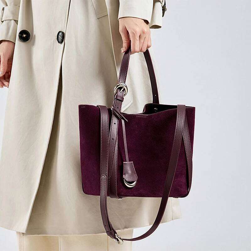 Women's Brushed Genuine Leather Shoulder Vintage Suede Red Bucket Large Capacity Handbag With Cosmetic Bag 2025