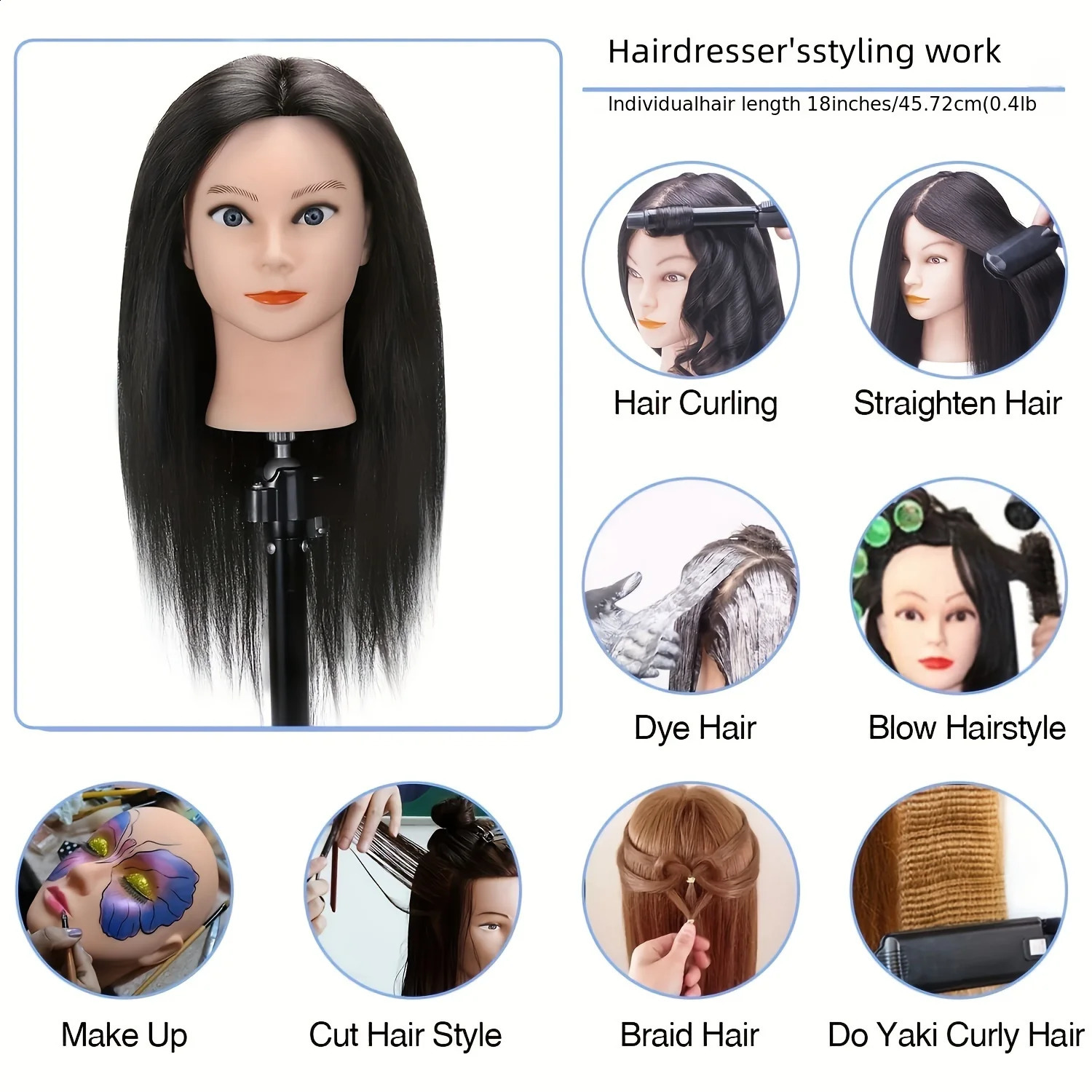 100% Real Hair Mannequin Head for Hairdresser Training and Practice-Perfect for Professional Use 250529