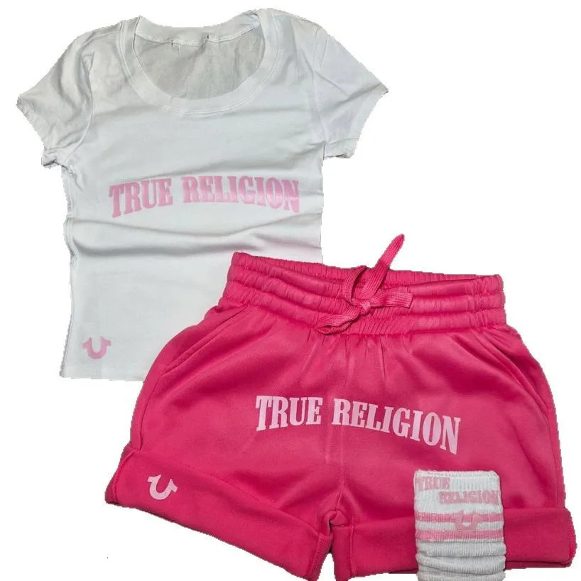 American womens printed sportswear set with letters short sleeves shorts and round necks a casual two-piece set 250530