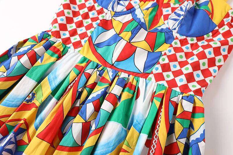 Summer Holiday Spaghetti Strap Long Dress Women's Padded Cup Colorblock Print Zipper Elastic Backless Beach Midi Vestidos