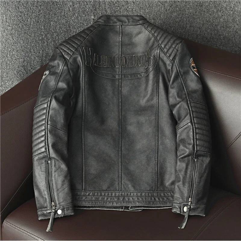 2025 Slim Biker Vintage Gray Spring Autumn Cowhide Coats Motorcycle Genuine Leather Jacket For Men Style Plus Size