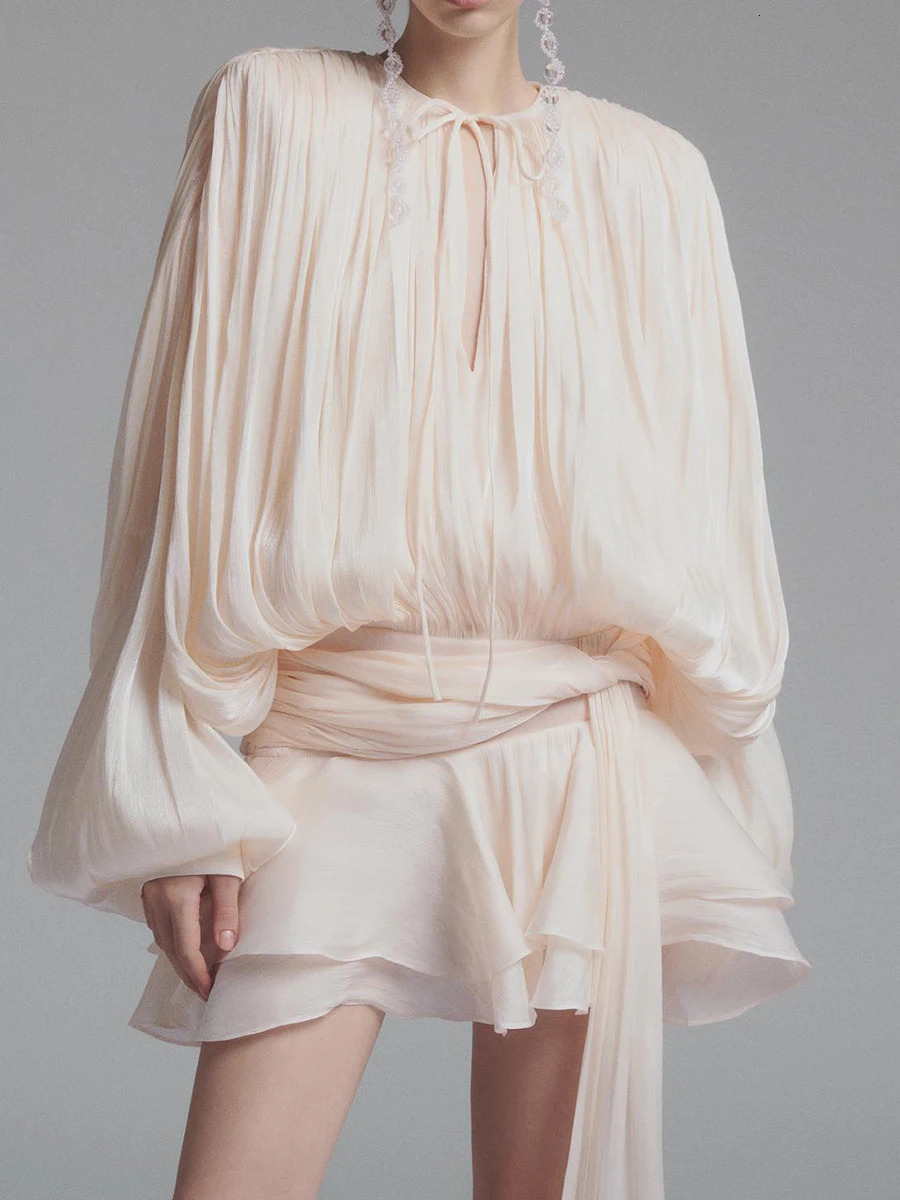 VGH Chic Spliced Lace Up Loose Sexy Short Dresses For Women Round Neck Long Sleeve Minimalist Ruffles Folds Dress Female Fashion 250526