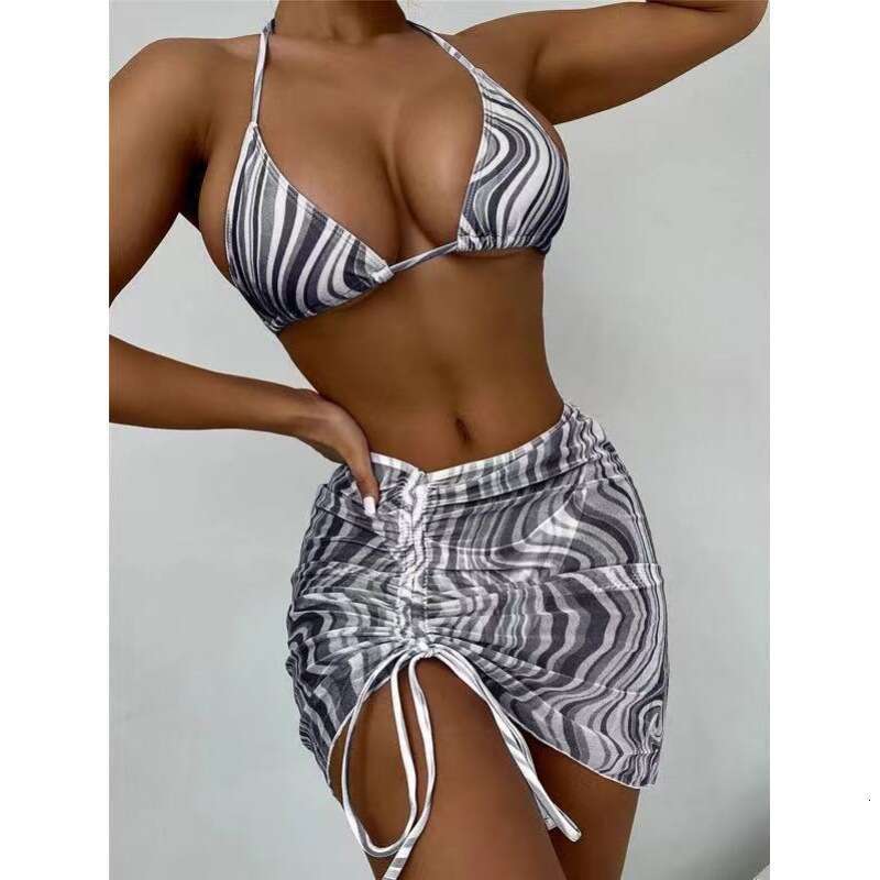 Hot selling split women's sexy striped swimming strap mesh bikini three piece set swimsuit 2025 new casual versatile fashion clothing