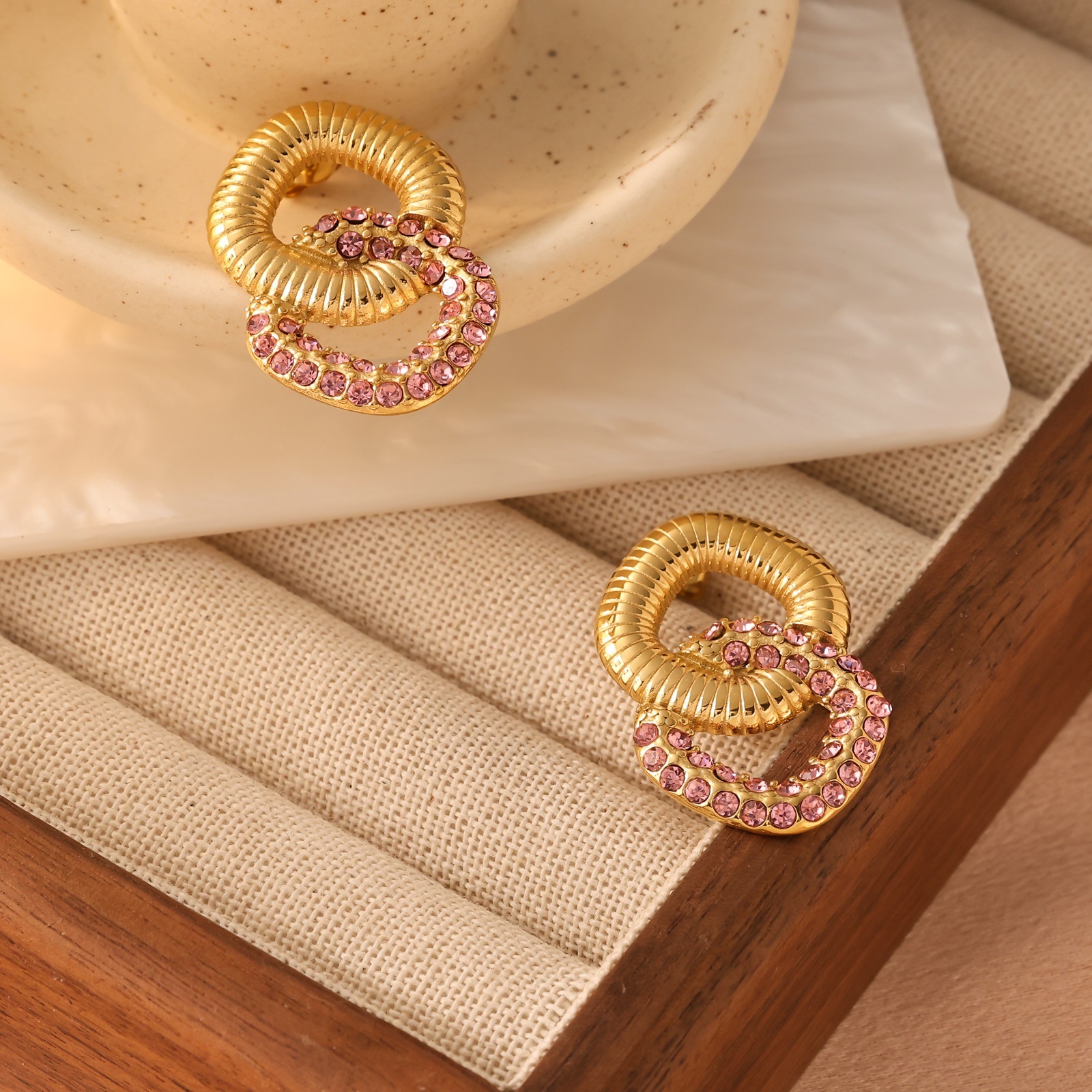 Gold Stainless Steel Inlaid Zircon Double Layer Non-Fading Earrings Jewelry