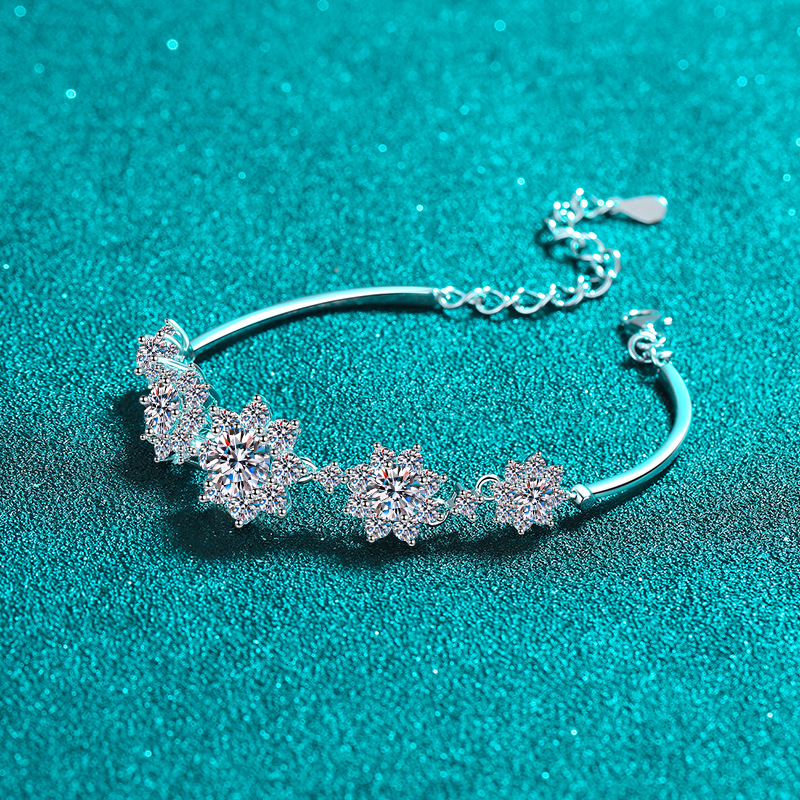 925 Silver Moissanite Snowflake Bracelet for Women, Elegant Fashion Jewelry for Holiday Gift or Special Occasions, Gift for Girlfriend