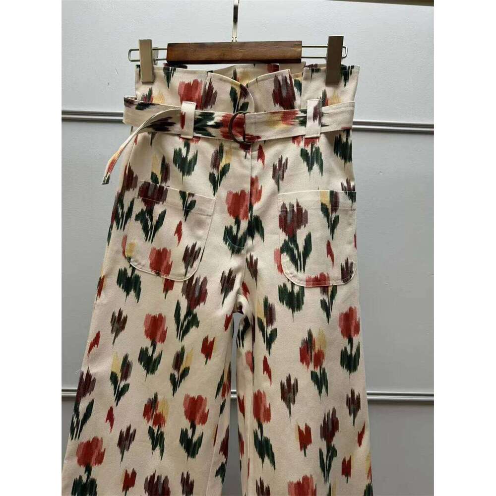 Women Lace-Up Ruffles High Waist Pants Cotton Colorful Printing Straight Casual Lady Loose Long Trousers 2025 Spring Summer