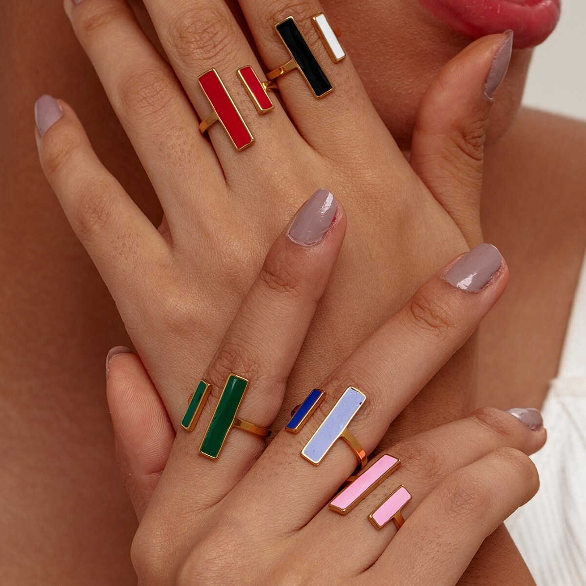 High-End Oil Drip Double Vertical Opening Ring Fashion Women's Color-Blocking Non-Fading Hand Jewelry