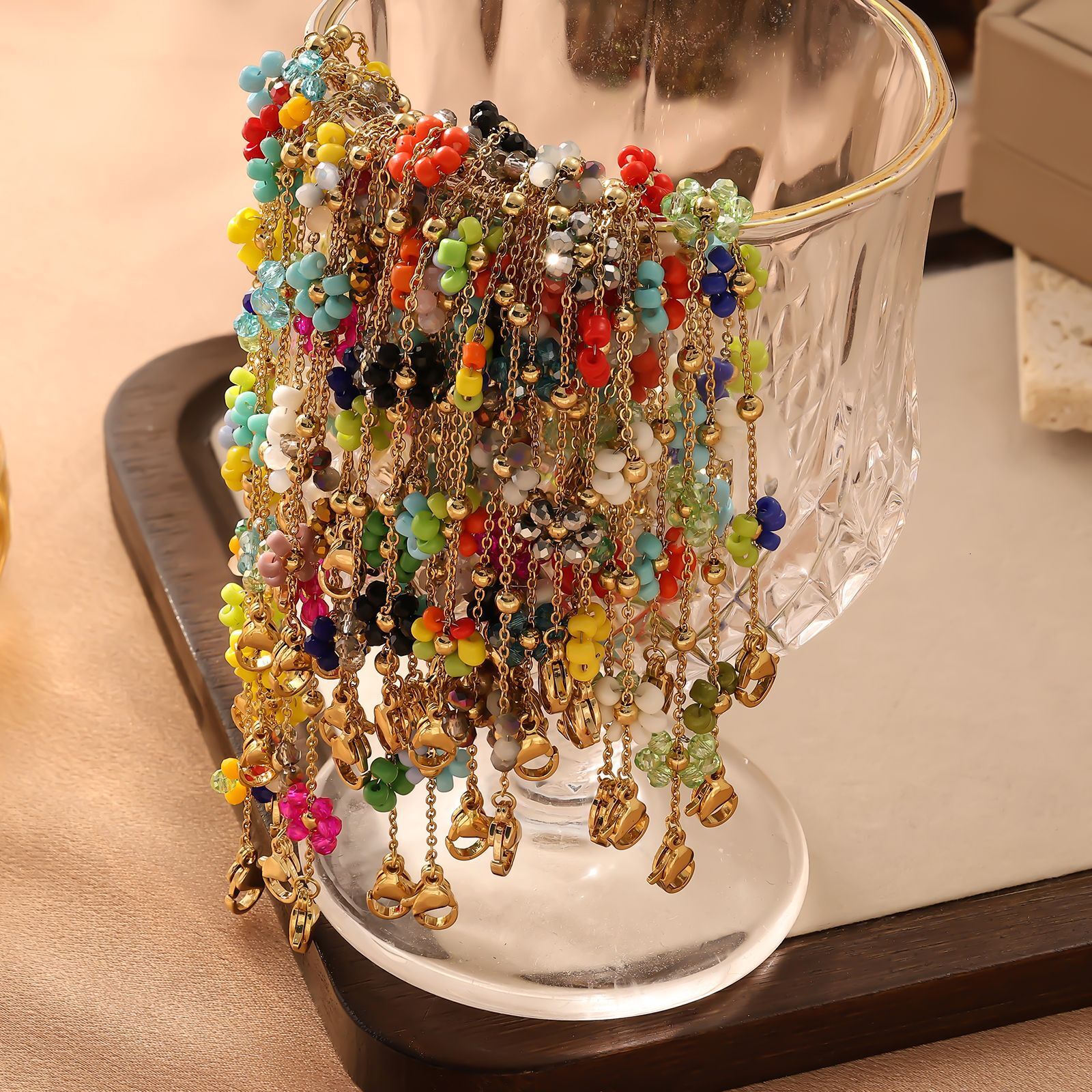 Steel Braided Multicolor Flower Bracelet Handmade Beaded Clavicle Chain Daily Versatile Necklace