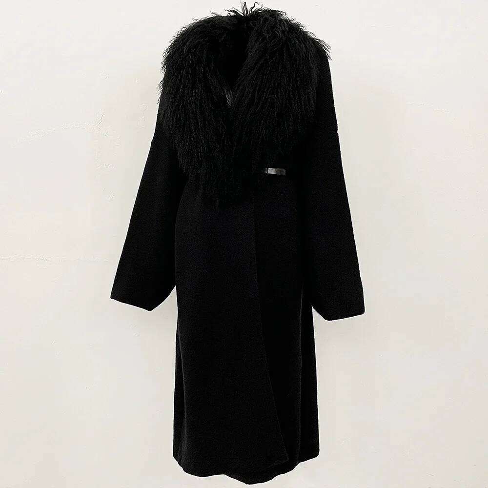 Reality 2025 Spring Autumn Cardigan Women Real Mongolia Sheep Fur Sweater Female Long Knitwear Belt Clothing Lady Fashion