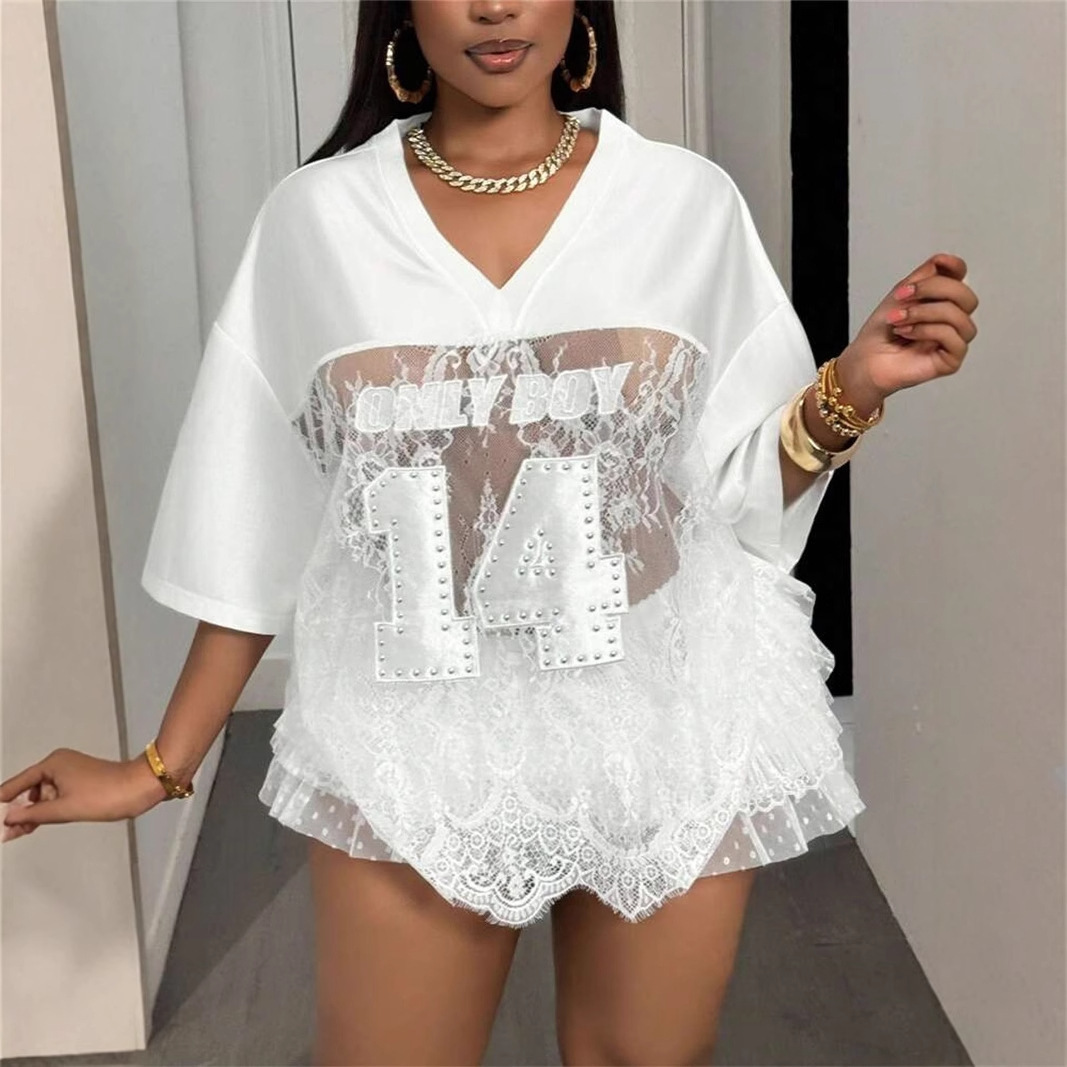 Designer T Shirt Summer New Women S Fashion Foreign Trade Printed Loose Casual Street See Through Sexy Lace Patchwork Top Essentials Summer Dress