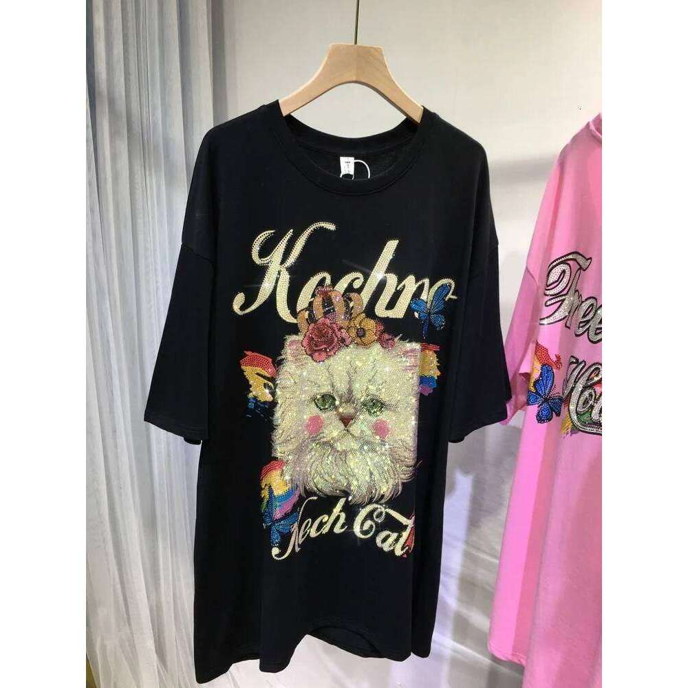 Oversized rhinestone cat print summer trend black top Loose women's short-sleeved T-shirt