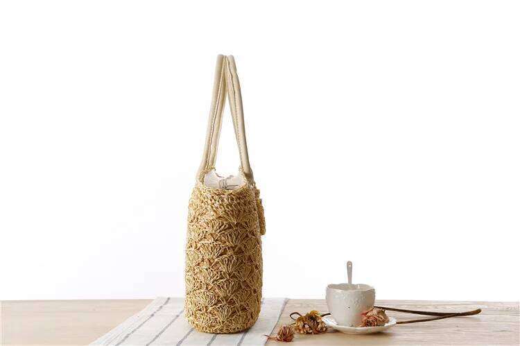 Gold Thread Shell Hook Flower Hand Woven Shoulder Straw Beach Bag Seaside Fashion Summer Women Handbags Crochet