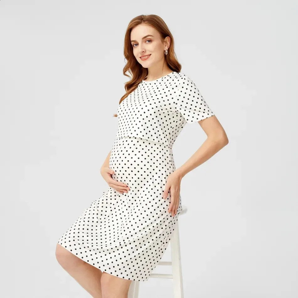 Dot Maternity Dress Short Sleeve O-Neck Nursing Dress Pregnant Women Breastfeeding Dress Pregnancy Clothing Vestidos Robe Femme 250530