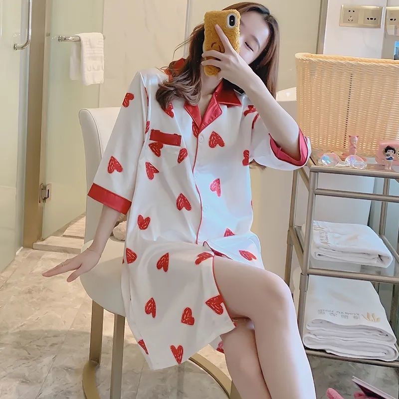B912-Nightdress women summer short-sleeved cardigan mid-length pajamas thin sexy loose home clothes