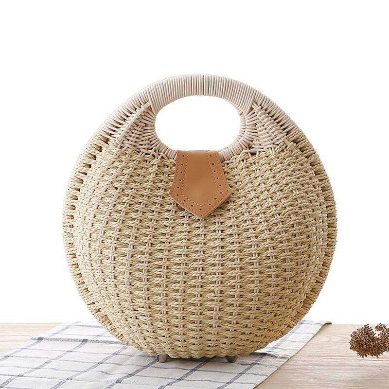 Women's Natural Rattan Handwoven Round Shell Handbag Top-handle Summer Fashion Bohemia Female Casual Tote Clutch Beach Bag