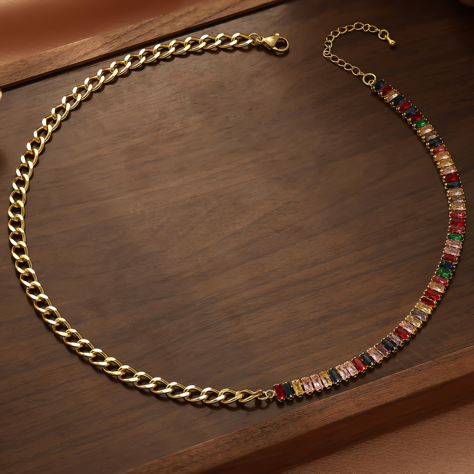 Minimalist Emerald Zircon Polished Cuban Necklace Simple Elegant Titanium Steel Vacuum Bracelet for Women