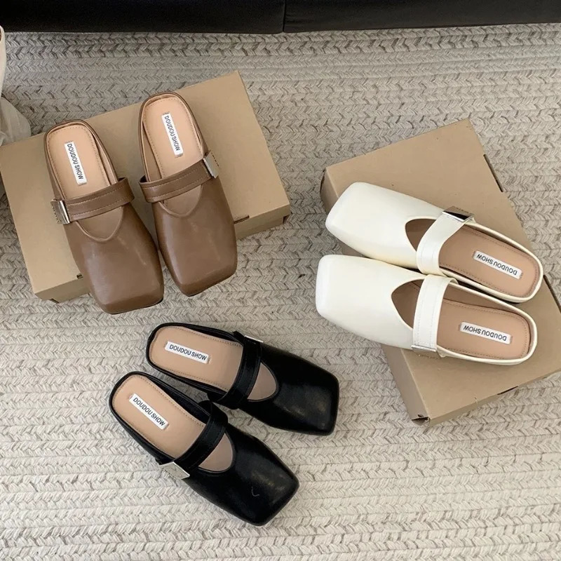 Soft Leather Ins Silver Buckle Strap Casual Shoes Fashion Flats Elegant Glitter Metallic Mules Shoes Cover Toe Slippers 250528