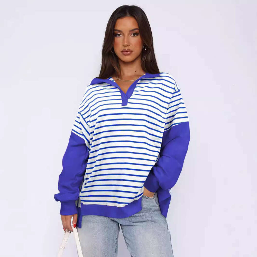 2025 Fashion New Loose Color-Block Striped Sweatshirt with Slit Autumn and Winter Casual Slimming Top Trendy Brand for Women