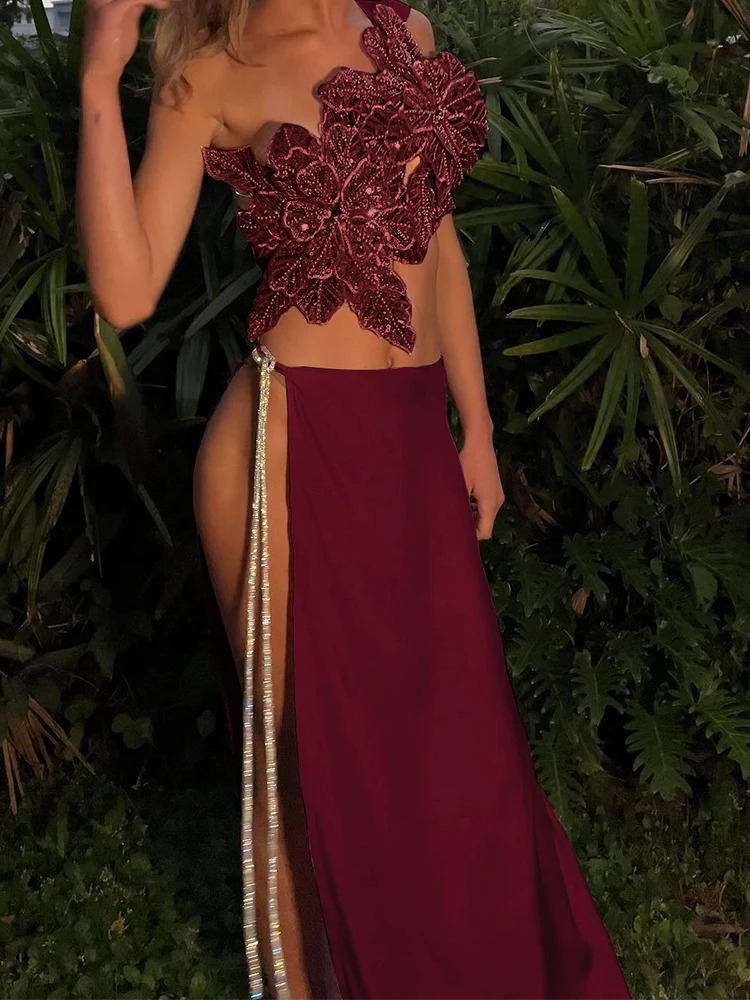 Weird Puss Sequin Flowers 2Piece Set Women Sexy Beach Vacation y2k Chic Skew Collar Tank TopsBandage Maxi Split Skirts Clubwear 250530