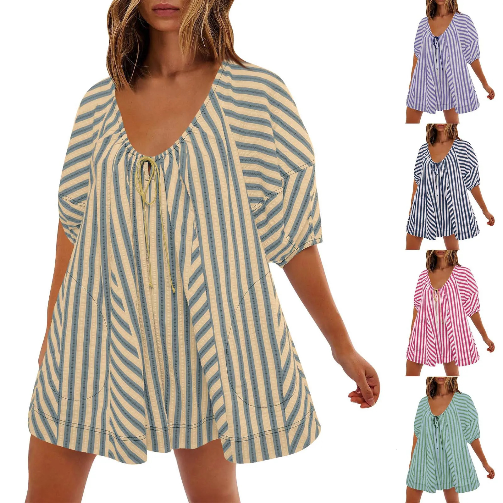 Summer Womens Fashionable Deep V-neck Tie Up Short Sleeved Striped Printed Jumpsuit Shorts Loose Casual Wide Leg Capris 250528