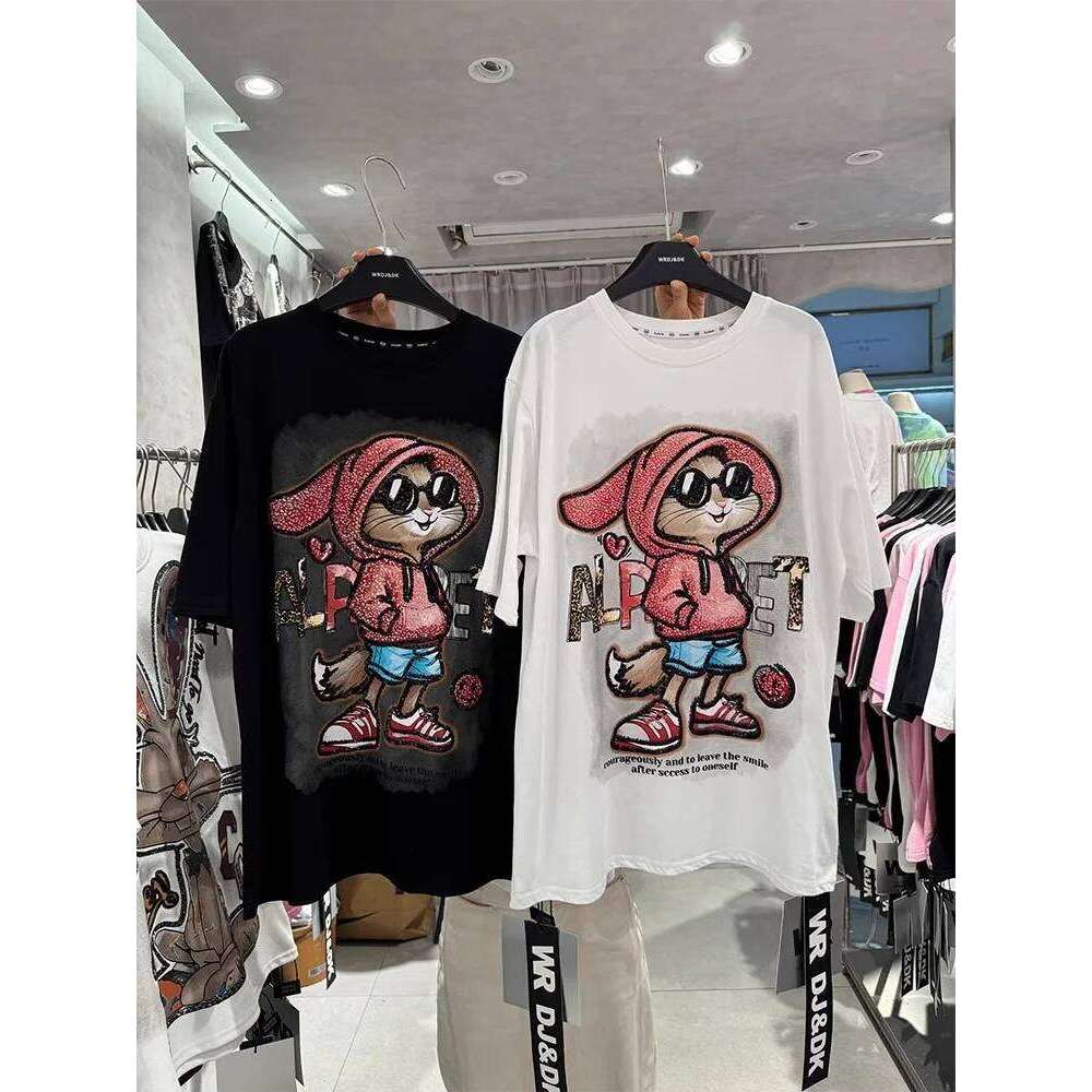 Oversized Rhinestone Rabbit mid-length half-sleeved top 100% cotton women's short-sleeved T-shirt