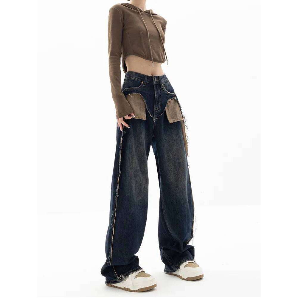 American Streetwear Style High Waist Patchwork Jeans Pants 2023 Fashion Women's Baggy Y2k Wide Leg Denim Trouser Female Clothes