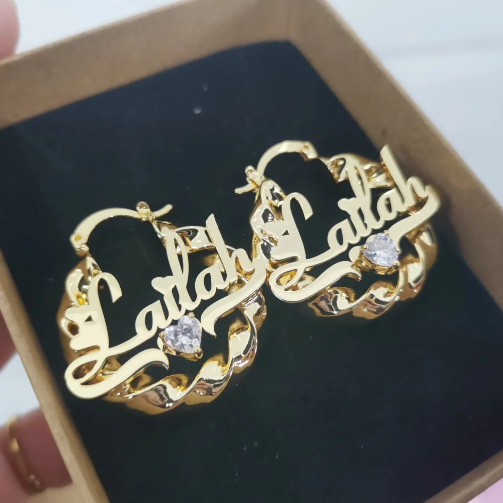 LeeChee Heart Zircon 30mm Twist Custom Name Hoop Earrings Stainless Steel Personalized Jewelry Gift For Girls 250529