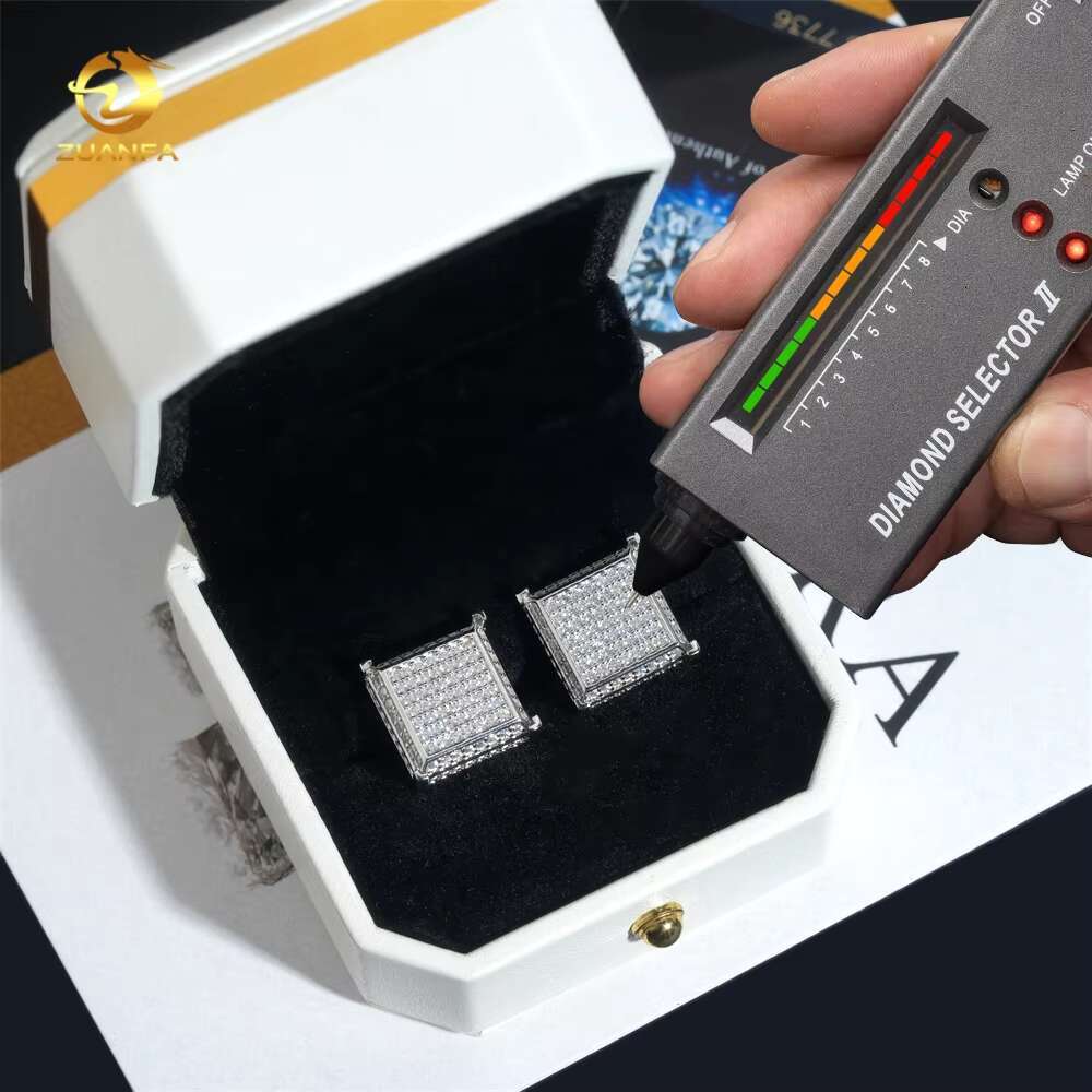 Luxury Big Square Shape Full Iced Out Hip Hop GRA Certertificate 925 Sterling Silver Men Moissanite Earrings