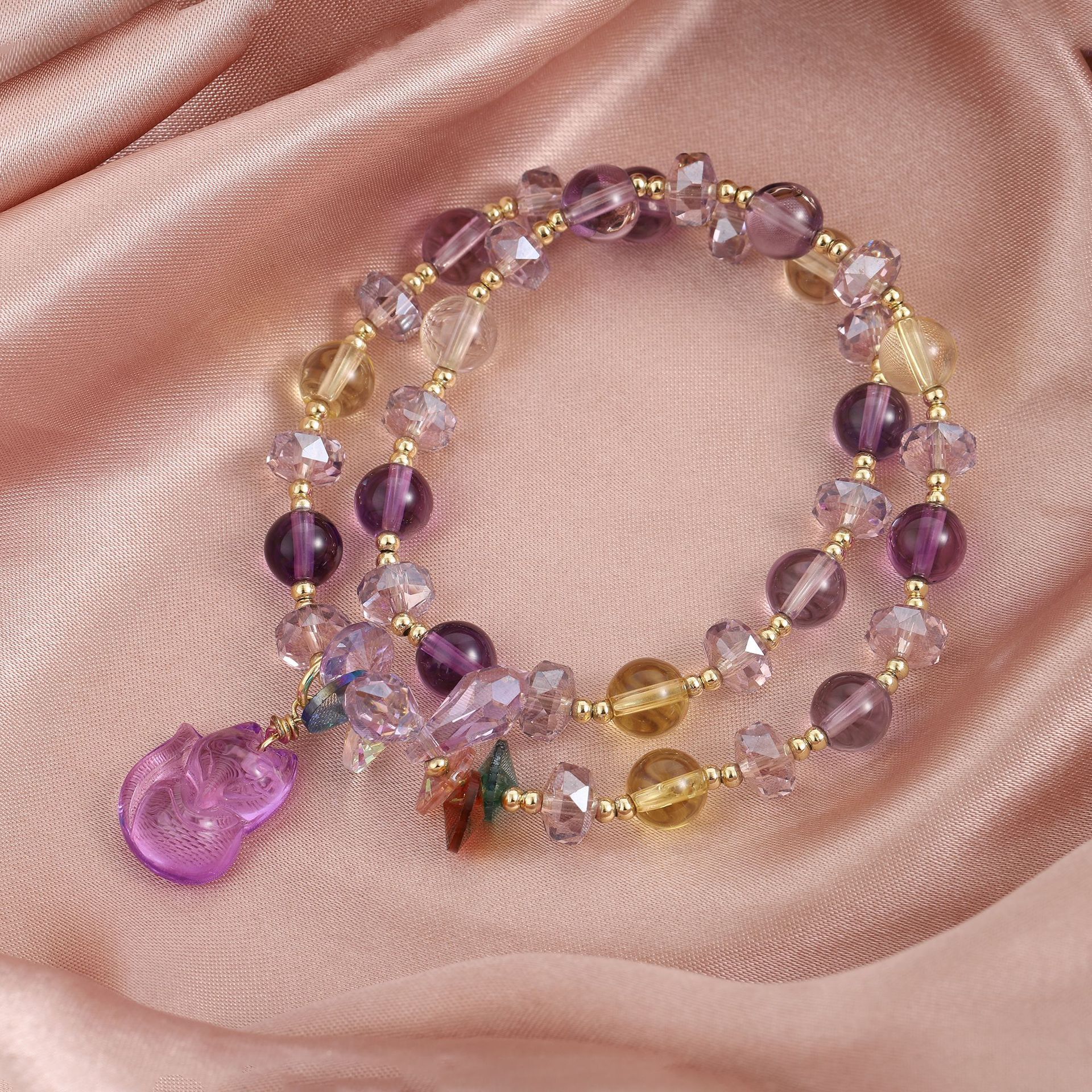 Korean version new energy amethyst double circle simple and fashionable fox pendant elastic rope creative design bracelet
