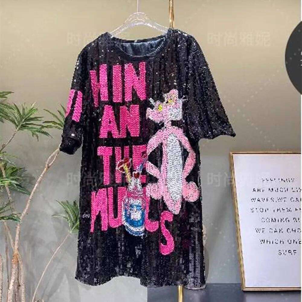 2025 Summer Women's Hip Hop Cartoon Print Loose Sequined Tops Y2k Short Sleeve Round Neck Night Club Long T-shirt Women