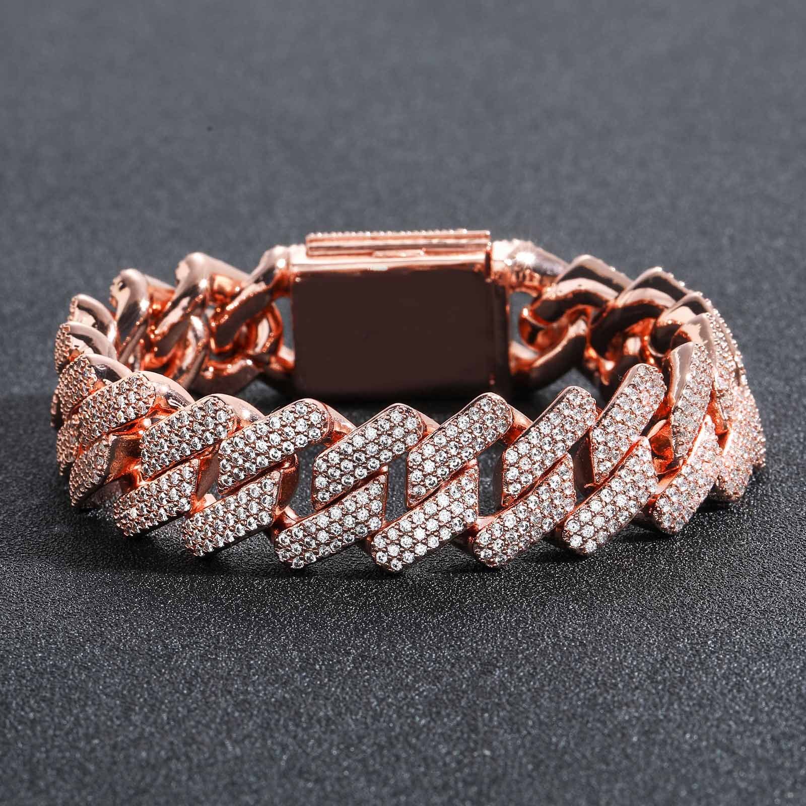 Bracelet Hip Hop 20MM Diamond Tri color Rose Gold Miami Bar Cuban Chain Hip Hop Mens Bracelet moissanite