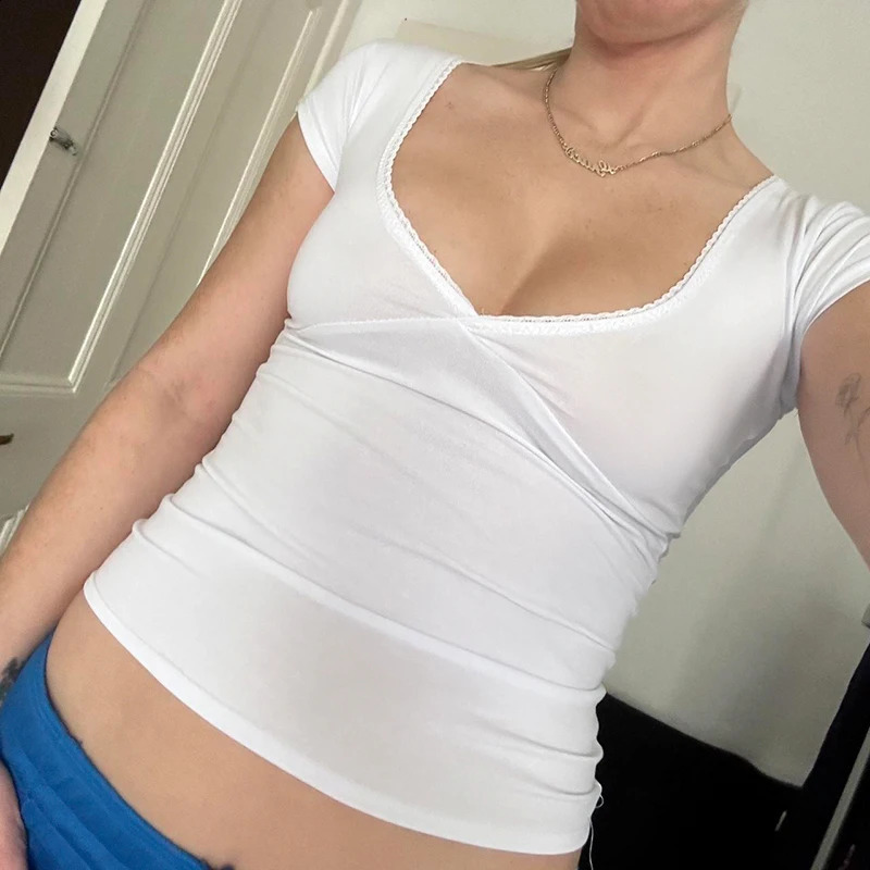 CIBBAR Women Basic Solid Skinny T-shirt Streetwear Y2k Casual V Neck Short Sleeve Crop Top Summer Streetwear Tees 2024 Harajuku 250521