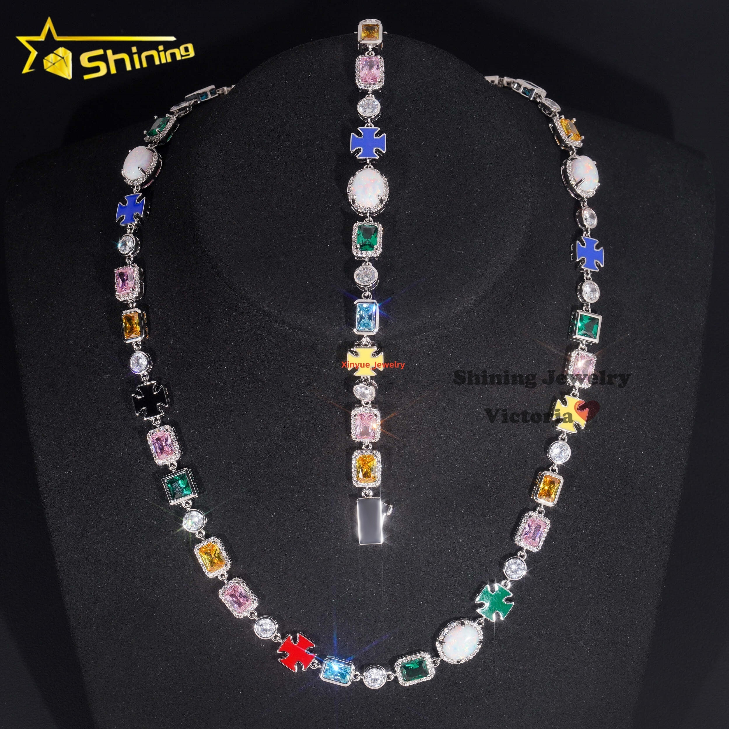 Unique Design New Arrival Iced Out Multi Cubic Zirconia Cz Gemstone Men Hip Hop Motif Necklace Tennis Chain Bracelet