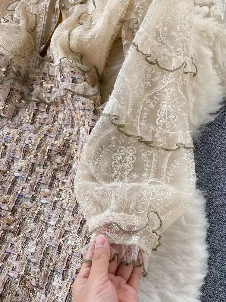 Small Fragrance Embroidery Flower Mesh Stitching Woolen Tweed Plaid Ruffle French Pearls Sweet Girls Fairy Bow Dress 250529