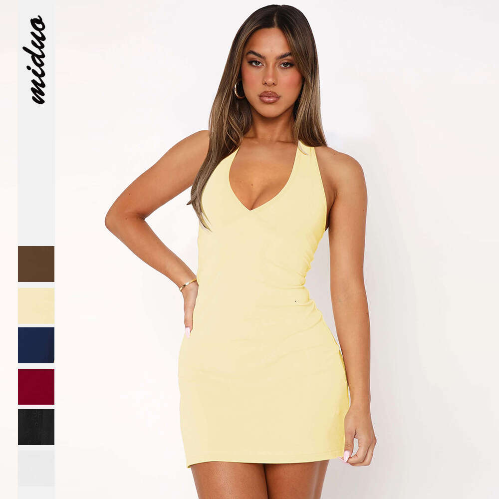 2025 New Women's Fashion Solid Color Slim Fit Summer Strap Sexy Short Dress Halter Neck