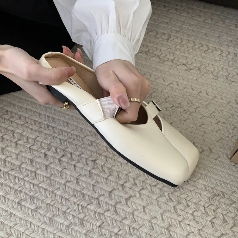 Soft Leather Ins Silver Buckle Strap Casual Shoes Fashion Flats Elegant Glitter Metallic Mules Shoes Cover Toe Slippers 250528