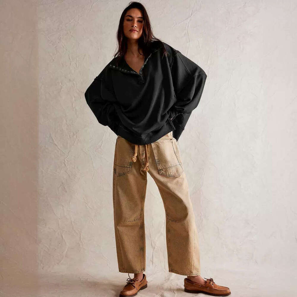 Decorative Line Design Sense Top with Split Lantern Sleeves Polo Collar Sweatshirt Jacket for Women Spring and Autumn