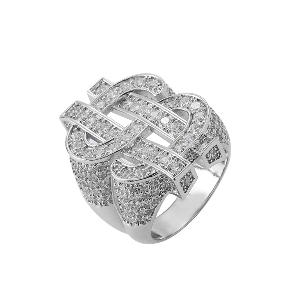 Hip hop jewelry full Moissanite ring hollowed out dollar symbol hip hop trendsetter personality mens ring moissanite