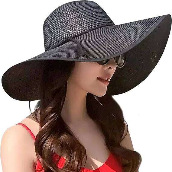 Outdoor Beach Women Big Straw Wide Brim Summer Floppy Foldable Roll up Cap UPF 50+ Sun Hat