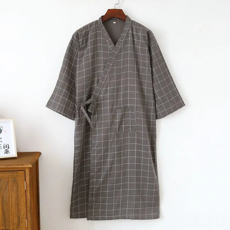 Cotton Gauze Bathrobe Men Plus Size Kimono Nightgown Spring Summer Thin Yukata Cardigan Plaid Long Sleeve Sleepwear Homewear 250526
