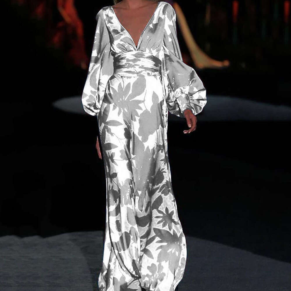 European and American Women's Slim fitting Lantern Sleeve Printed V-neck Long Dress 2025 New Casual Fashion Trendy Clothing