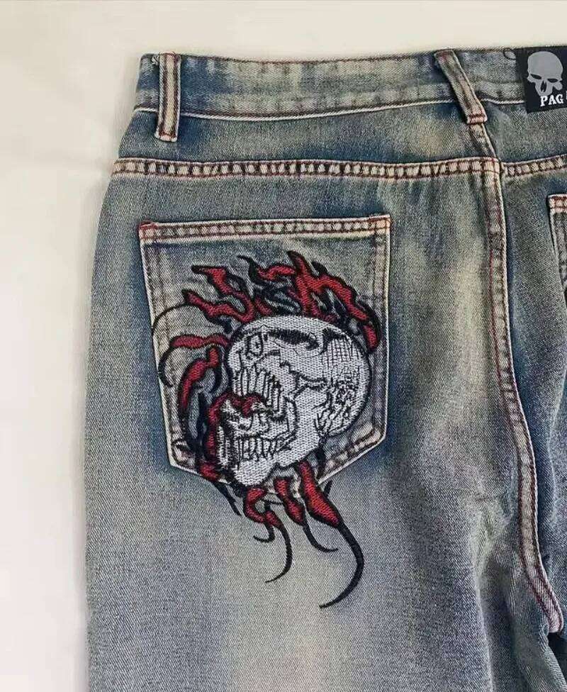 American Hip Hop Joker Skull Embroidered Loose Women Street Y2K New Casual Punk Rock Wide-leg Pants Unisex Mopping Jeans