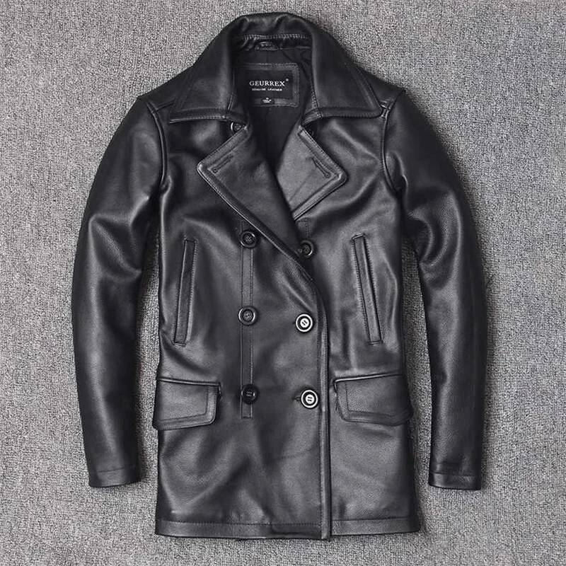 Genuine Leather Top Layer Cowhide Mid-Length Men's Lapel Windbreaker Slim-Fit Jacket Double-Breasted