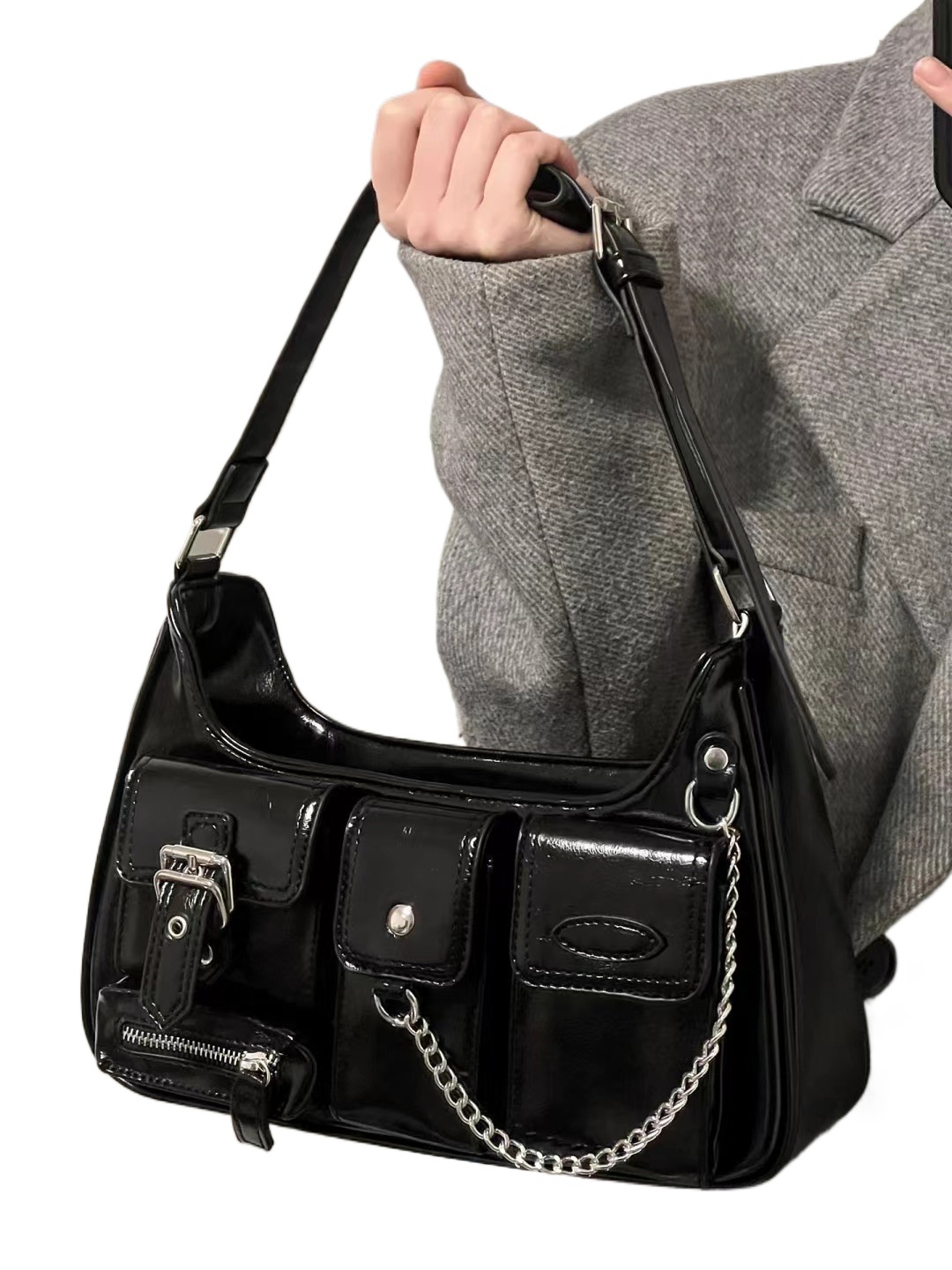 designer High-End Women's Bag Shoulder Bag Black Millennial Trendy Underarm Bag Niche Hong Kong Style Motorcycle Bag Multi-Pocket Messenger Bag