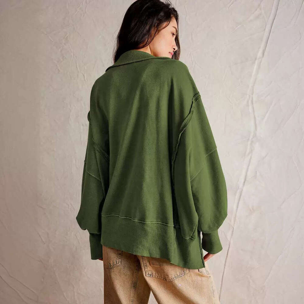 Decorative Line Design Sense Top with Split Lantern Sleeves Polo Collar Sweatshirt Jacket for Women Spring and Autumn