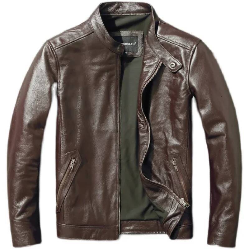 Top Layer Cowhide Fashion Slimfit Stand Collar Leisure Bomber Jacket 100% Genuine Leather Men's Vintage Short Zipper M