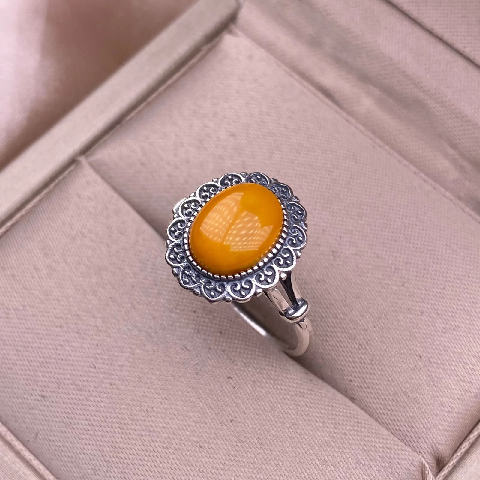 HOYON Natural Flower Amber Couple Neutral Ring s925 Silver Round Original Mineral Amber Womens Jewelry Gift Vintage Mens Ring 250526