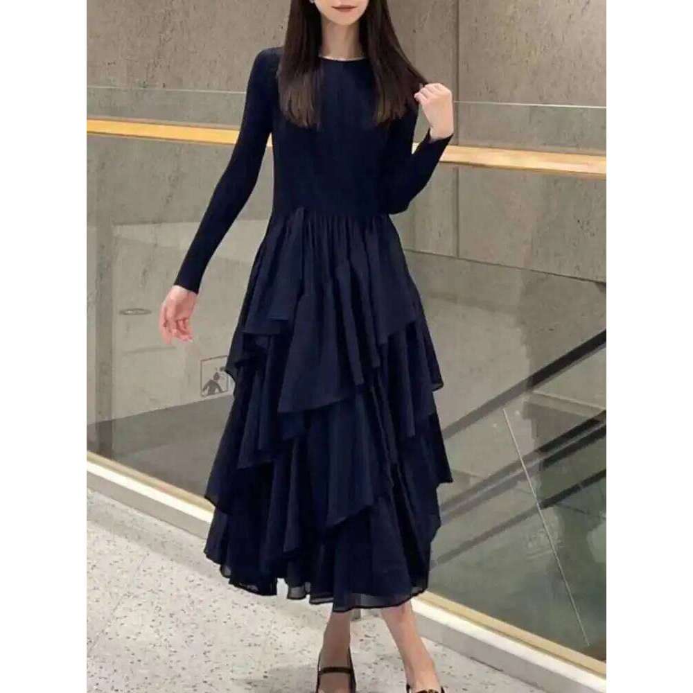 LANMREM Elegant Pleated Dress For Women Round Neck Long Sleeves Ruffles A-Line Dresses Fashion 2025 Spring New 32C2026