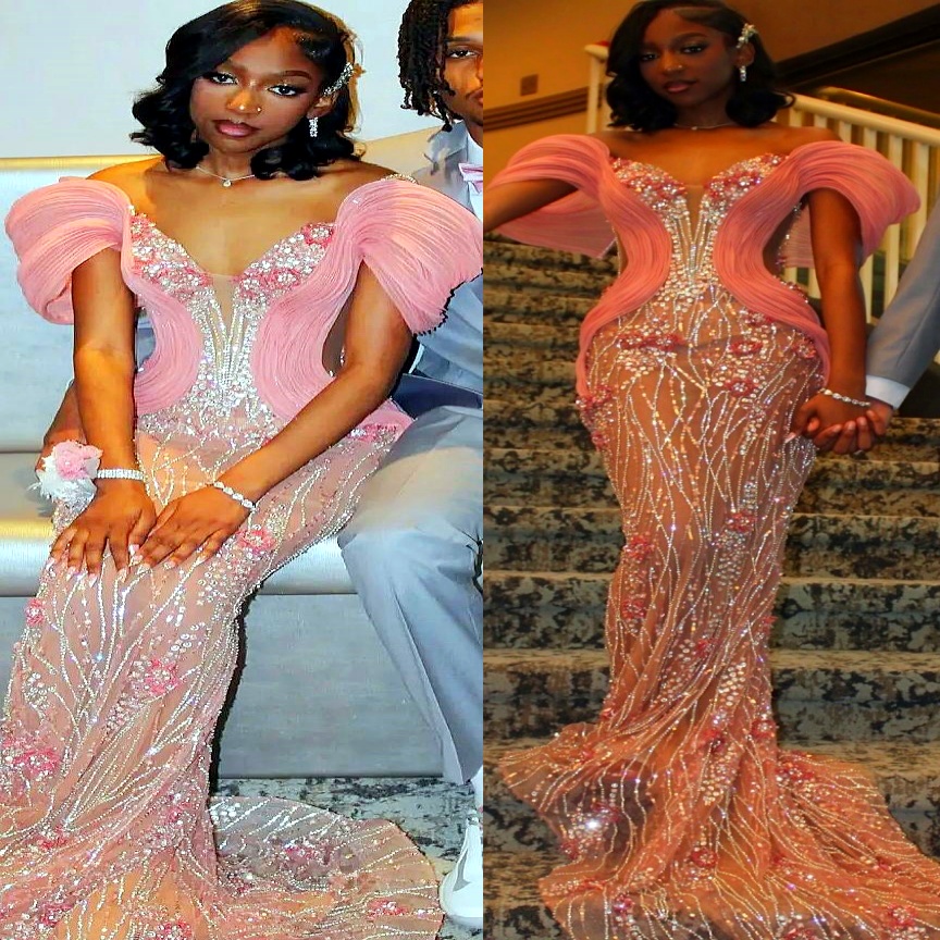 Pink Mermaid Prom Dresses 2025 Sequined Crystals Beaded Stylish Evening Formal Party Second Birthday Engagement Gowns Plus Size Dress For Special Occa